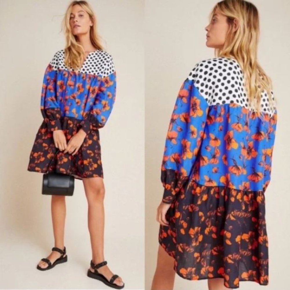 Anthropologie Dhruv Kapoor Mirabel Floral Polka Dot Linen Blend Tunic Mini Dress